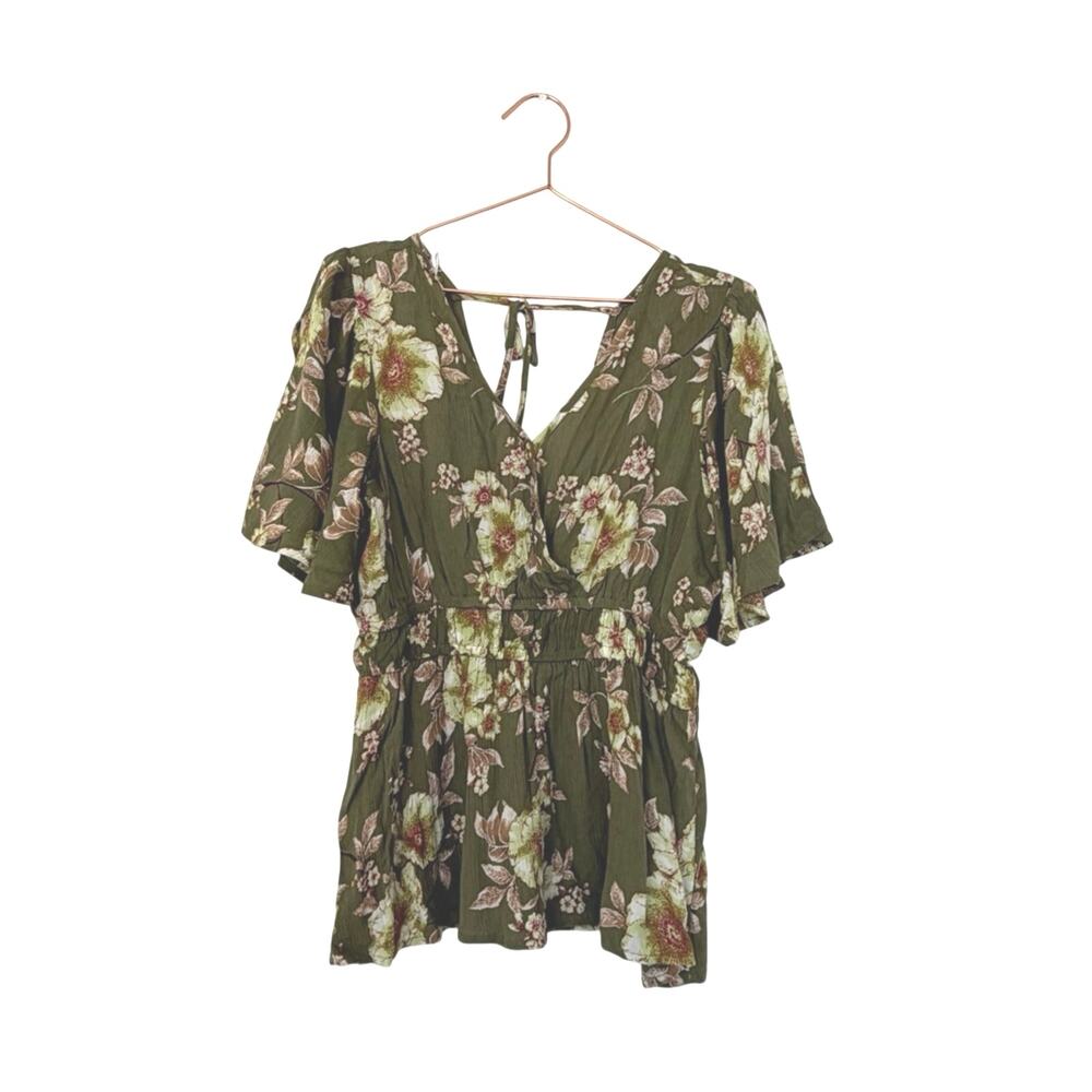 Maurices Olive Green Floral Tie-Back Peplum Blouse